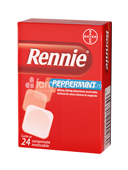 Antiacide OTC - Rennie Peppermint 680mg/ 80mg, contine carbonat de calciu si carbonat de magneziu, cu efect antiacid, indicat in hiperaciditate gastrica, reflux gastroesofagian, indigestie in sarcina, balonare, de la 12 ani, 24 de comprimate masticabile, Bayer, farmaciamea.ro