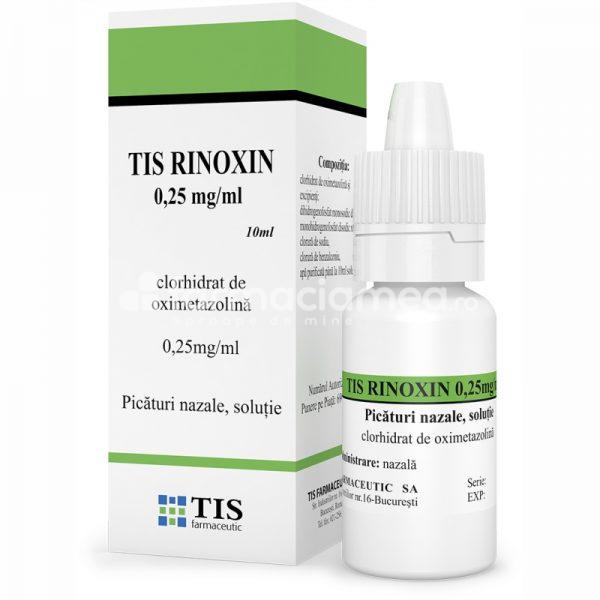 Decongestionant nazal OTC - Rinoxin 0,25mg/ml  picaturi nazale solutie, contine clorhidrat de oximetazolina, indicat pentru decongestionarea nasului, copii peste 7 ani, 10ml, Tis Farmaceutic, farmaciamea.ro