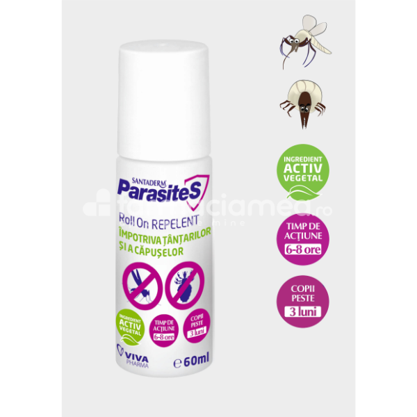 Anti-insecte - Roll-on repelent tantari si capuse, 60ml, Santaderm Parasites, farmaciamea.ro