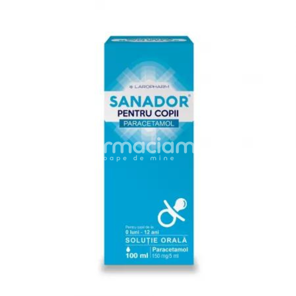 Durere OTC - Sanador sirop pentru copii, contine paracetamol 150 mg/5 ml, pentru febra si raceala, 100 ml, Laropharm, farmaciamea.ro