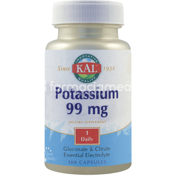 Sănătatea sistemului nervos - Potassium 99mg, mentine tensiunea arteriala normala si sustine echilibrul electrolitic, 100 capsule, Secom, farmaciamea.ro