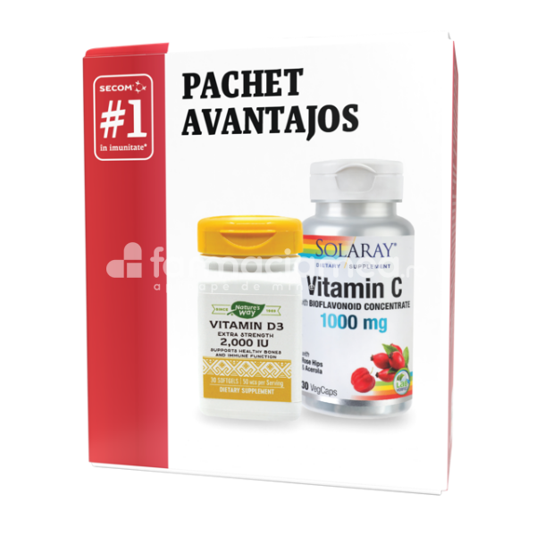 Imunitate - Vitamina C 1000mg, 100 capsule & Vitamina D3 2000UI, 30 capsule, Secom, farmaciamea.ro