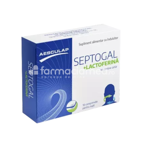Durere gât - Septogal + Lactoferina, 18 comprimate de supt Aesculap, farmaciamea.ro