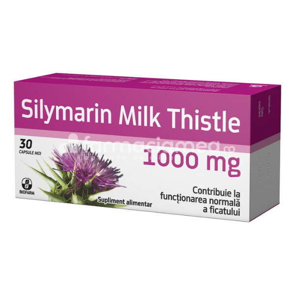Terapie biliară și hepatică - Silymarin Milk Thistle 1000 mg, protejeaza, regenereaza si stimuleaza functiile ficatului,  30 capsule, Biofarm, farmaciamea.ro