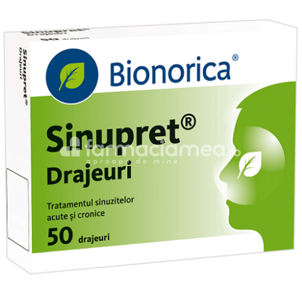 Sinusuri - Sinupret, sinuzita, efect antiinflamator, antibacterian, efect mucolitic, de la 6 ani, 50 de drajeuri, Bionorica, farmaciamea.ro