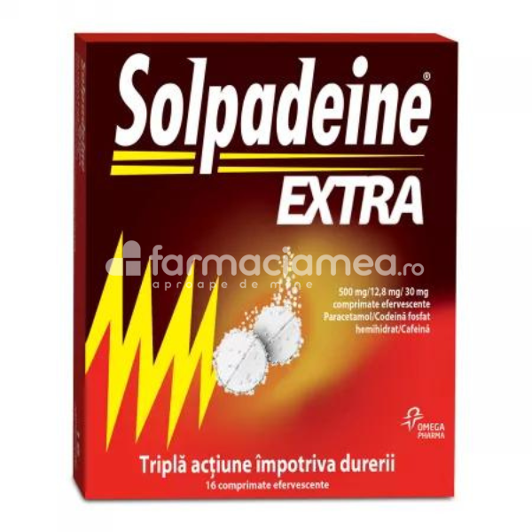 Durere OTC - Solpadeine Extra 500mg/12.8mg/30mg pentru durere, 16 comprimate efervescente Perrigo, farmaciamea.ro