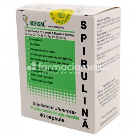 Minerale și vitamine - Spirulina 500mg, sustine si mentine functiile ficatului, 40 capsule, Hofigal, farmaciamea.ro