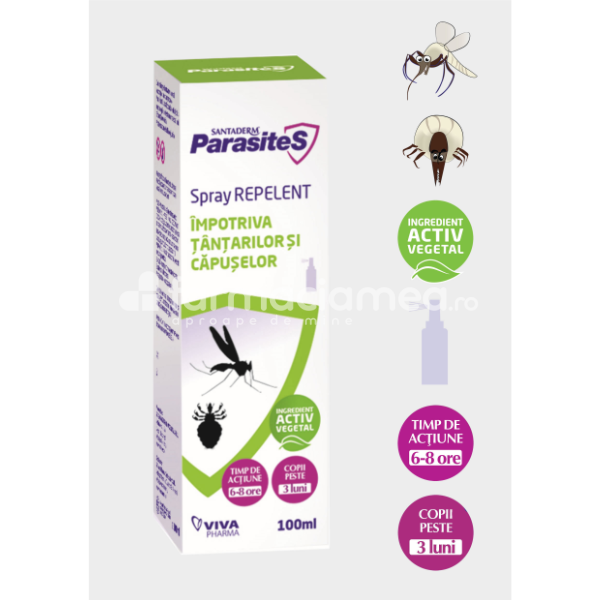 Anti-insecte - Spray Repelent tantari si capuse, 100ml, Santaderm Parasites, farmaciamea.ro
