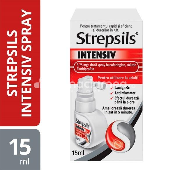 Durere oro-faringiană OTC - Strepsils Intensiv 8.75/doza spray, contine flurbiprofen, cu efect antiinflamator, indicat in dureri severe in gat, de la 18 ani, flacon spray 15ml, Reckitt, farmaciamea.ro