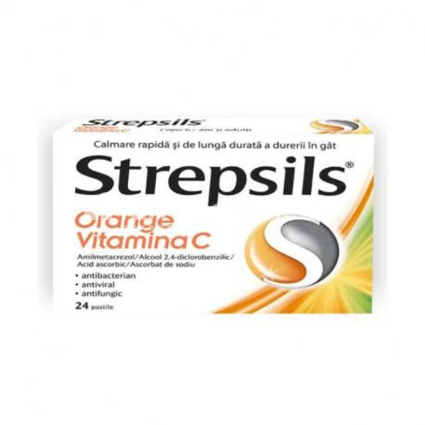 Durere oro-faringiană OTC - Strepsils orange + vit c, 24cp, Reckitt Benckiser, farmaciamea.ro