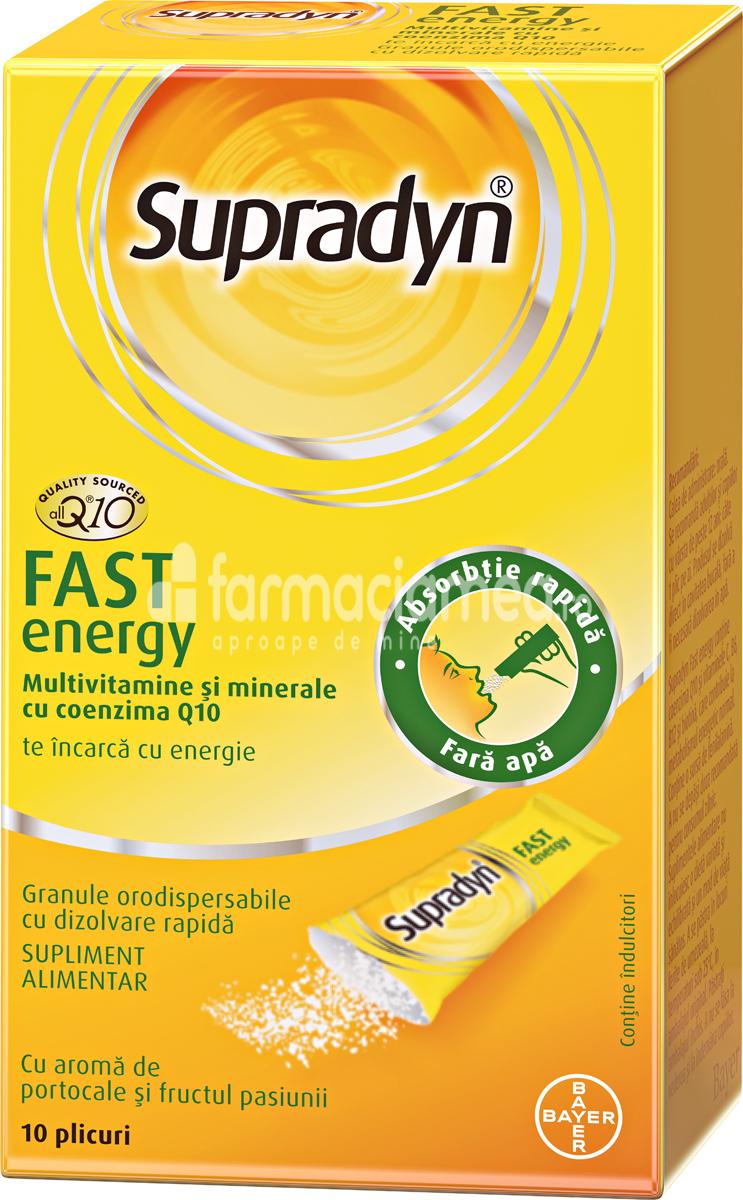 Minerale și vitamine - Supradyn Fast Energy cu Coenzima Q10, inlatura starea de oboseala, sprijina imunitatea, creste energia, 10 plicuri granule orodispersabile, Bayer, farmaciamea.ro