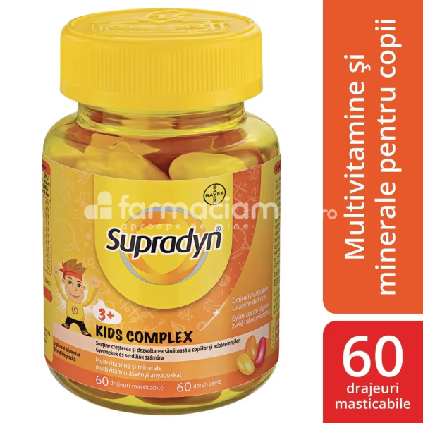 Vitamine și minerale copii - Supradyn Kids Complex 3+, 60 drajeuri masticabile, farmaciamea.ro