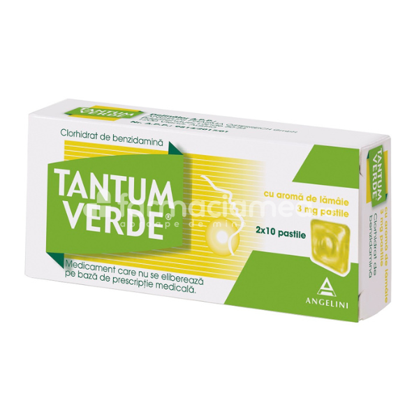 Durere oro-faringiană OTC - Tantum Verde cu aroma de lamaie 3mg 20 pastile, Angelini, farmaciamea.ro
