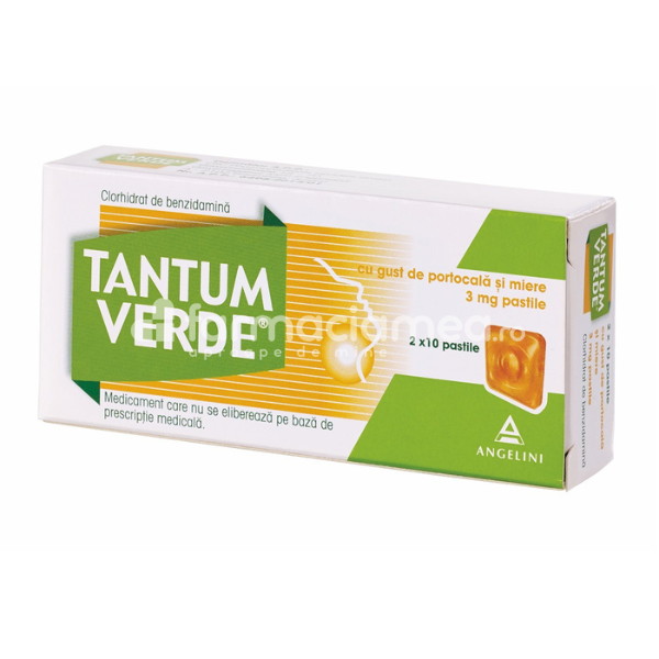 Durere oro-faringiană OTC - Tantum Verde cu aroma de portocala si miere 3mg 20 pastile, Angelini, farmaciamea.ro