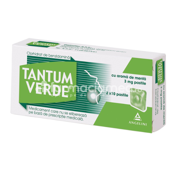 Durere oro-faringiană OTC - Tantum Verde cu aroma de menta 3mg 20 pastile, Angelini, farmaciamea.ro