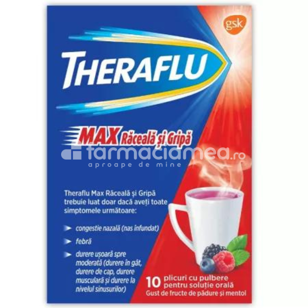 Răceală și gripă OTC - Theraflu Max Raceala si Gripa 1000mg/10mg/70mg, 10 plicuri GSK, farmaciamea.ro