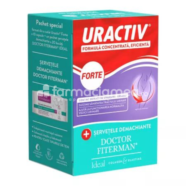Infecții urinare - Pachet Uractiv Forte, 10 capsule + Servetele demachiante Ideal, 20 buc, Fiterman Pharma, farmaciamea.ro