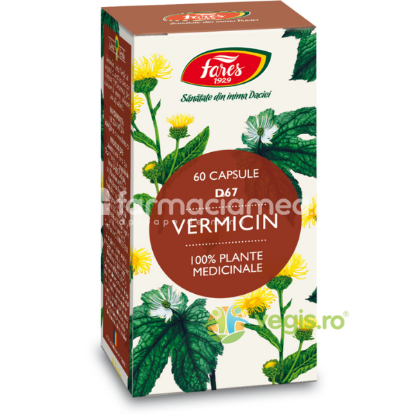 Suplimente naturiste - Vermicin D67, contribuie la eliminarea viermilor intestinali ascarizi, oxiuri, giardia, 60 capsule, Fares, farmaciamea.ro