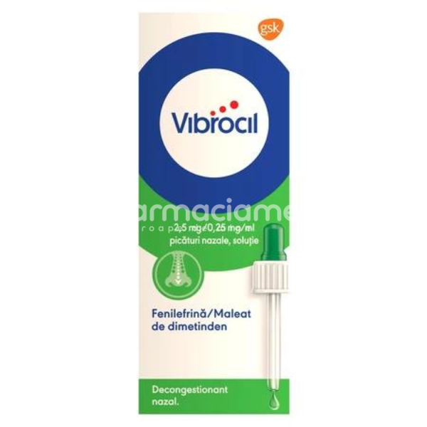 Decongestionant nazal OTC - Vibrocil Picaturi Nazale indicat in congestie nazala, 15 ml Gsk, farmaciamea.ro