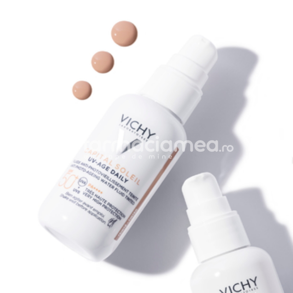 Protecție solară - Vichy Capital Soleil UV Age Daily fluid colorat impotriva foto-imbatranirii SPF 50+, 40 ml, farmaciamea.ro