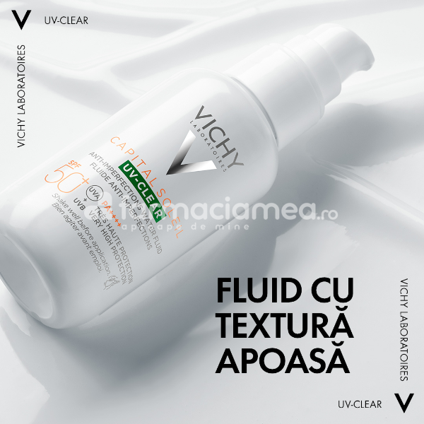 Protecție solară - Vichy Capital Soleil UV Clear Fluid Antiimperfectiuni SPF50+, antiacnee, 40ml, farmaciamea.ro