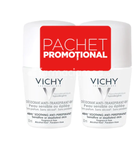 Îngrijire corp - Vichy Deo Pachet roll-on fara parfum 48 h, 50 ml, 2 roll-on, farmaciamea.ro