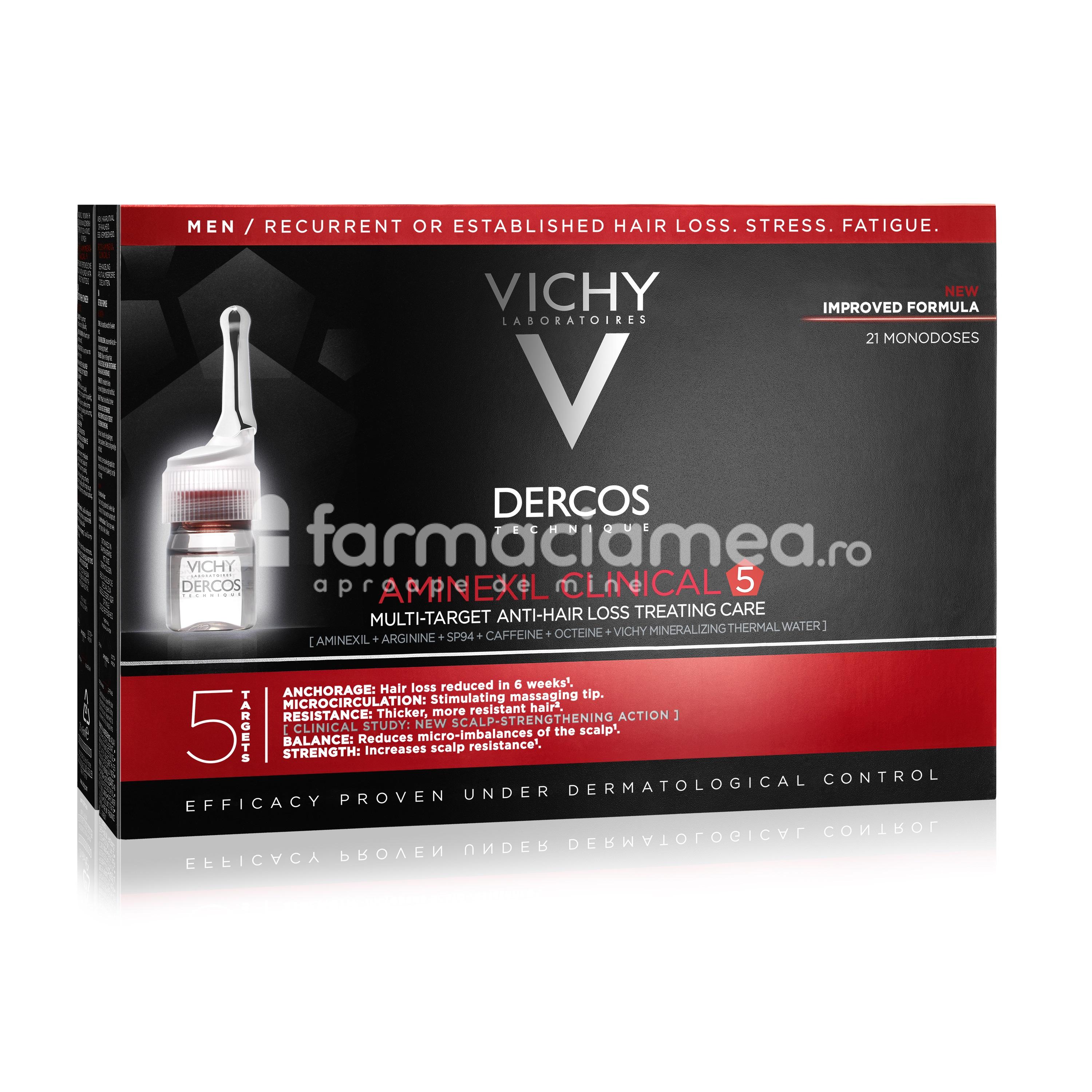 Îngrijire scalp - Vichy Dercos Aminexil Clinical 5 tratament barbati,  21 fiole, farmaciamea.ro