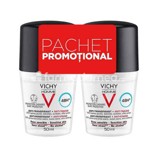 Dermatocosmetice pentru domni - Vichy Homme Pachet deo 48h, 50 ml, 2 roll-on, farmaciamea.ro