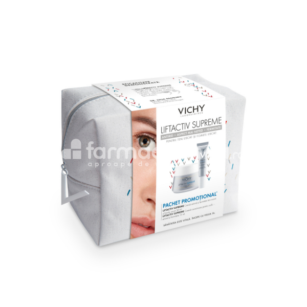 Îngrijire ten - Vichy Liftactiv Supreme Pachet crema antirid si fermitate piele uscata, 50ml si Crema corectoare pentru ochi, 15ml, farmaciamea.ro