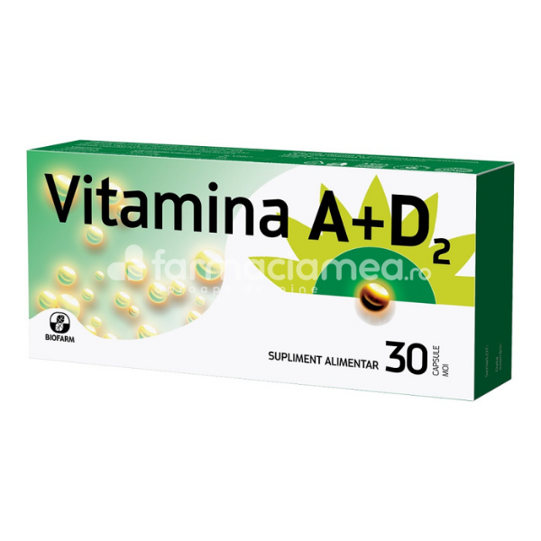 Minerale și vitamine - Vitamina A+D2, sustine sanatatea intregului organism, 30 capsule, Biofarm, farmaciamea.ro