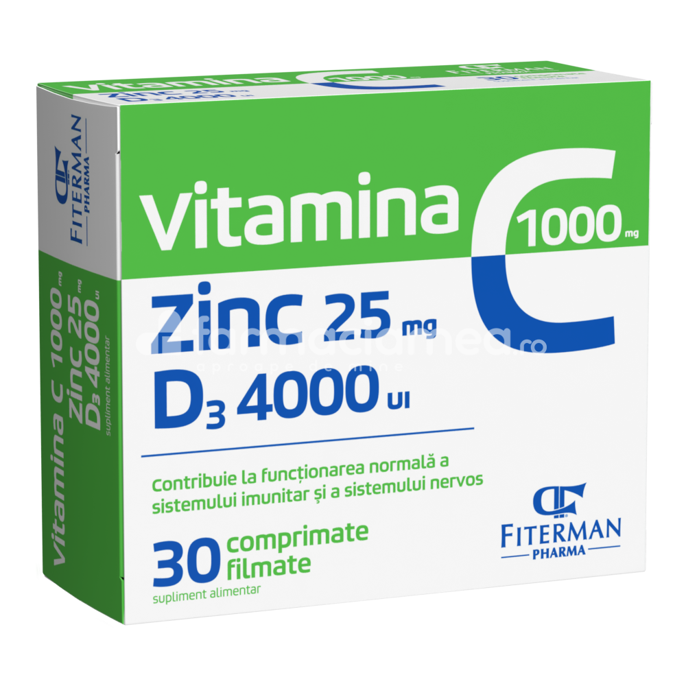 Imunitate - Vitamina C 1000 mg , Zn 25 mg, D3 4000UI, 30 comprimate, Fiterman Pharma, farmaciamea.ro