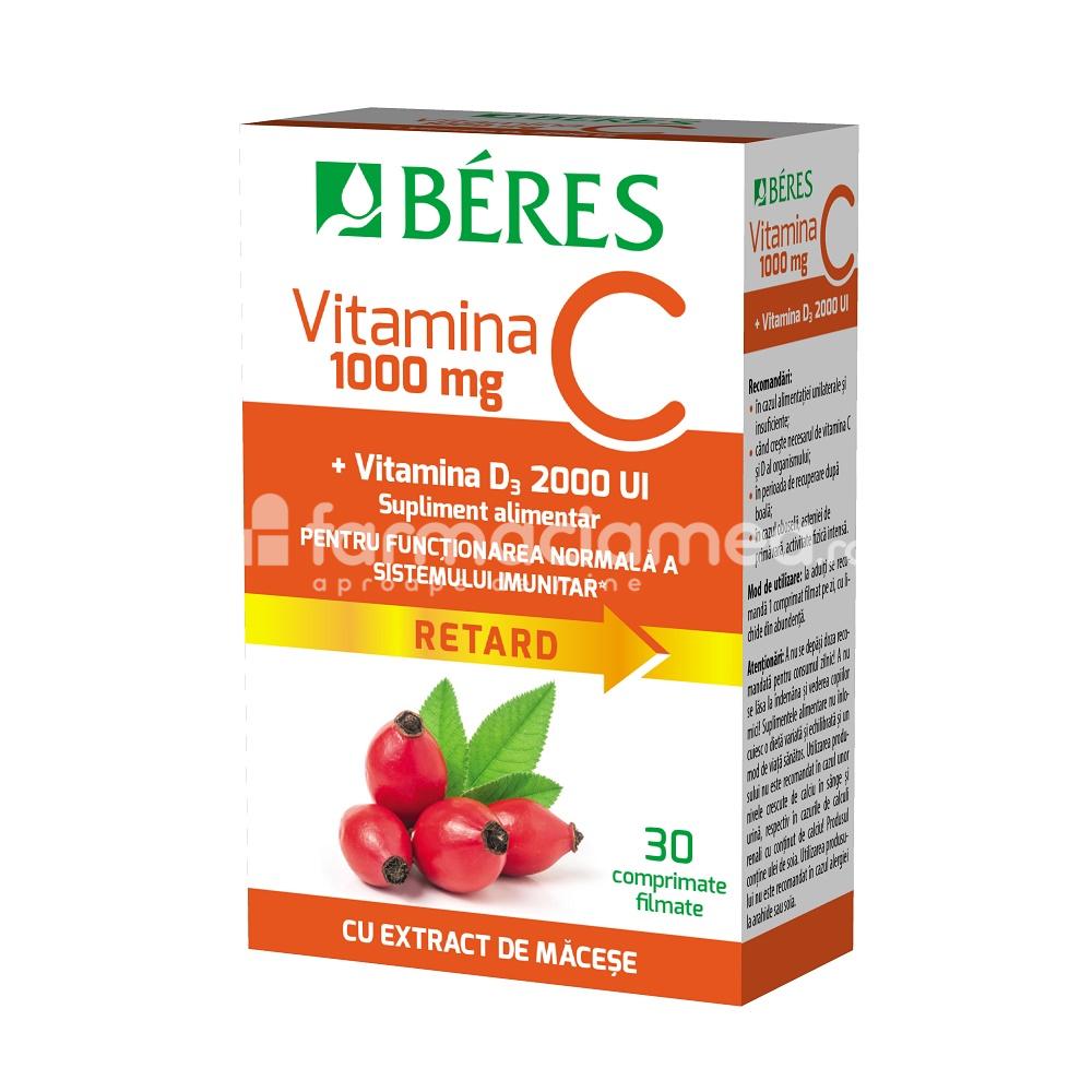 Imunitate - Vitamina C 1000 mg, Vitamina D3 2000 UI, sustine imunitatea, reduce oboseala si extenuarea, sprijina functionarea normala a sistemului nervos, 30 comprimate filmate, Beres, farmaciamea.ro