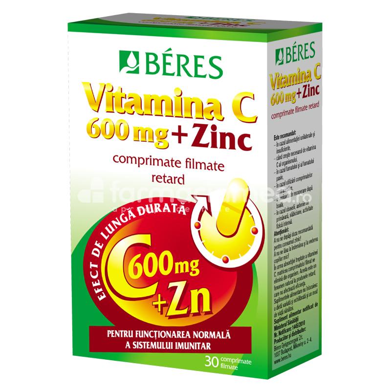 Imunitate - Vitamina C 600MG, Zinc Retard, sustine imunitatea, reduce oboseala si extenuarea, sprijina functionarea normala a sistemului nervos, 30 comprimate filmate, Beres, farmaciamea.ro