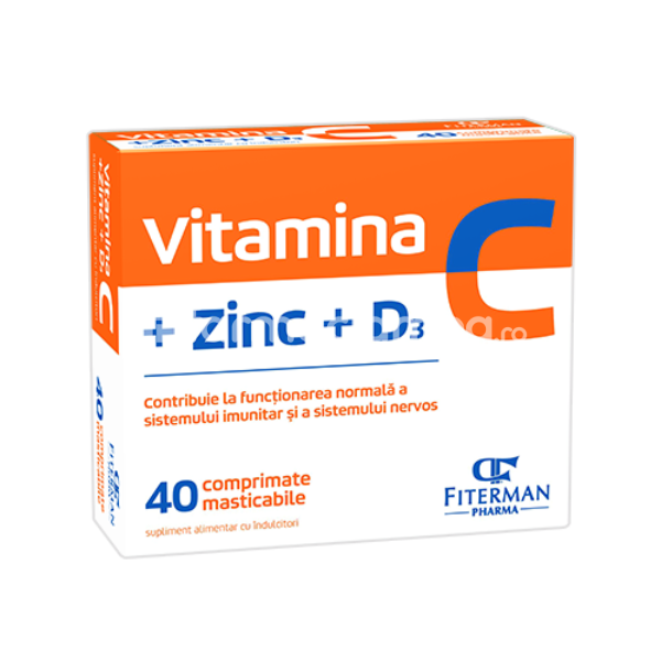 Minerale și vitamine - Vitamina C, Zinc si D3, 40 comprimate masticabile, Fiterman Pharma, farmaciamea.ro