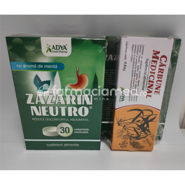 Antibalonare și antiflatulență - Zazarin Neutro Menta 30 comprimate + Carbune medicinal 30 capsule, Adya Green, farmaciamea.ro