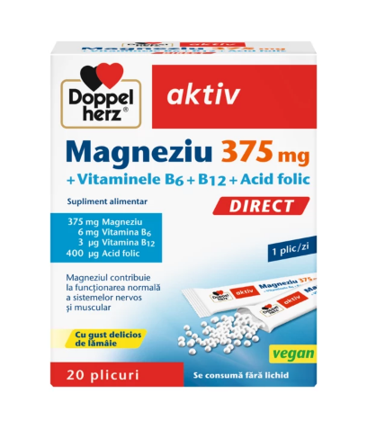 Stres si somn - AKTIV MAGNEZIU 375MG DIRECT+VITAMINELE B6 + B12 + Acid Folic GRANULE OROSOLUBILE * 20 PLIC, farmacom.ro