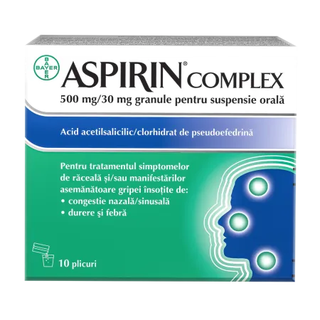 Medicamente OTC - fara reteta - ASPIRIN COMPLEX 500 MG/30 MG GRANULE PENTRU SUSPENSIE ORALA* 10 PLICURI, farmacom.ro