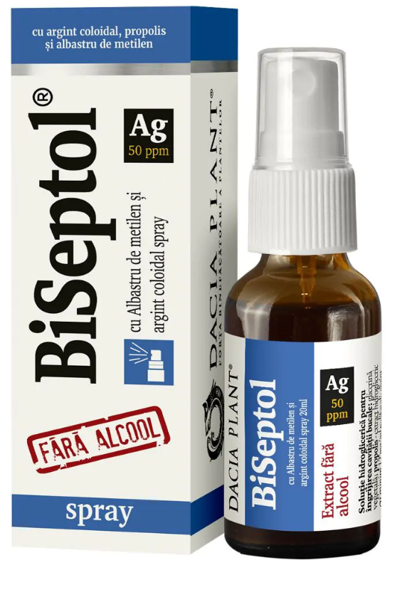 Suplimente sistemul respirator - Biseptol Spray cu Albastru de Metilen si Argint coloidal, fara alcool, 20 ml, Dacia Plant, farmacom.ro