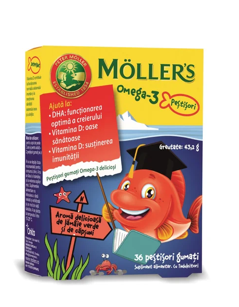 Vitamine si suplimente alimentare pentru copii - MOLLERS OMEGA 3 PESTISORI GUMATI LAMAIE VERDE SI CAPSUNI, 36 JELEURI, farmacom.ro.