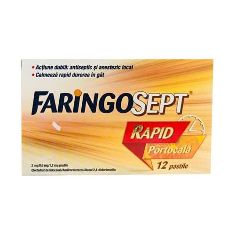 Medicamente fara reteta (OTC) - FARINGOSEPT RAPID PORTOCALA 2MG/0.6MG/1.2MG * 12 PAST, farmacom.ro