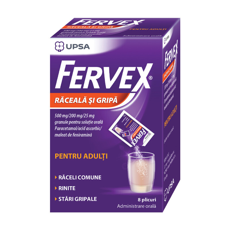 Medicamente fara reteta (OTC) - Fervex Raceala si Gripa pentru adulti 500mg/200mg/25mg, 8 plicuri, farmacom.ro