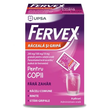 Medicamente OTC - fara reteta - FERVEX PENTRU COPII FARA ZAHAR 280MG/100MG/10MG * 8 PLICURI, farmacom.ro