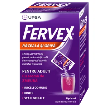 Medicamente OTC - fara reteta - FERVEX RACEALA SI GRIPA ADULTI CU AROMA ZMEURA * 8 PLIC, farmacom.ro