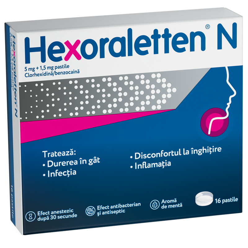 Medicamente fara reteta (OTC) - Hexoraletten N, 5 mg + 1.5 mg, 16 comprimate, Mcneil, farmacom.ro