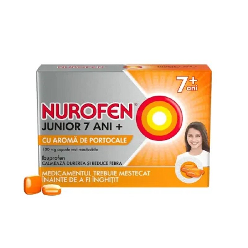 Medicamente fara reteta (OTC) - NUROFEN JUNIOR 7 ANI + CU AROMA DE PORTOCALE * 24 CAPSULE MOI MASTICABILE, farmacom.ro