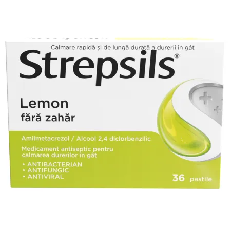 Medicamente fara reteta (OTC) - Strepsils Lemon fara zahar, 36 pastile, Reckitt Benckiser, farmacom.ro