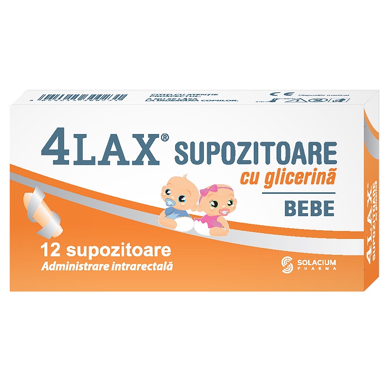 Afectiuni digestive - Supozitoare cu glicerina pentru bebelusi 4Lax, 12 bucati, Solacium Pharma, farmacom.ro