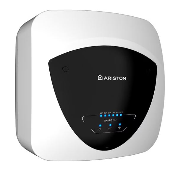 Boiler electric Ariston Andris Elite WiFi 30/5 EU, 30l, 1500W, butoane soft touch, control vocal, clasa energetica A, Montare deasupra chiuvetei, 447x447x410mm, Alb