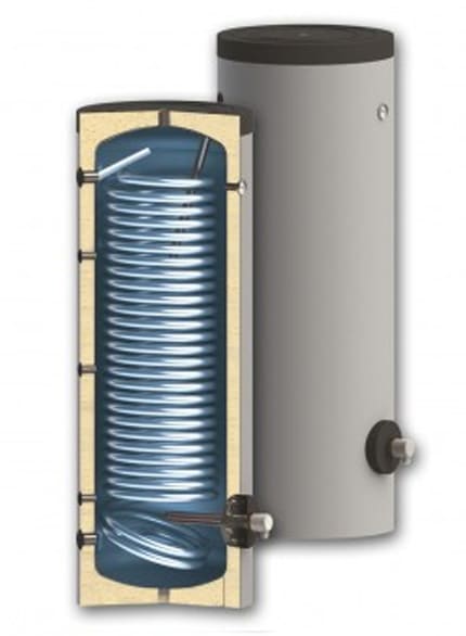 Boiler pentru pompe de caldura, Sunsystem SWPN-2L 300 L, cu o serpentina, pentru conectarea la sisteme solare, de incalzire si sisteme cu pompe de caldura cu multi consumatori