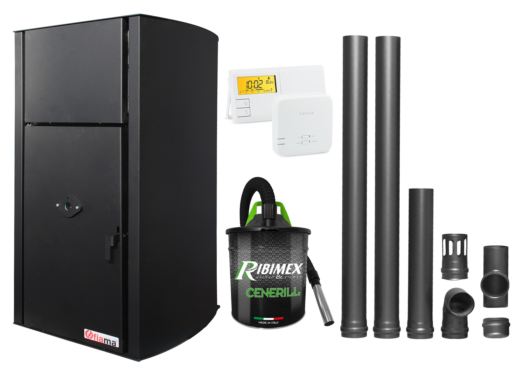 Pachet Centrala pe peleti Fiama Confort B 25 kw, complet echipata pentru incalzire, Pompa, Vas expansiune, Automatizare, Termostat Radio Comanda Salus 091FLRFV2, Aspirator Cenusa si Kit evacuare 2.5 ml